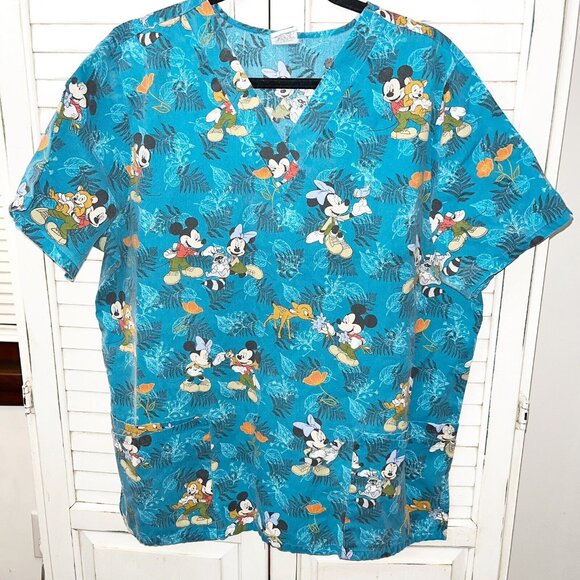 Disney Scrub Top Hawaiian Forest Animals Mickey and Minnie Mouse Large - Picture 1 of 5